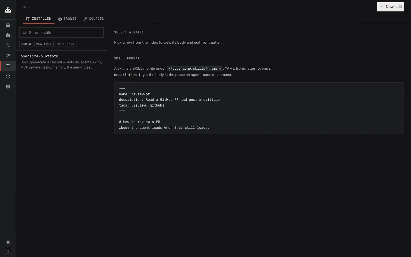 The Skills page showing installed skills and available sources